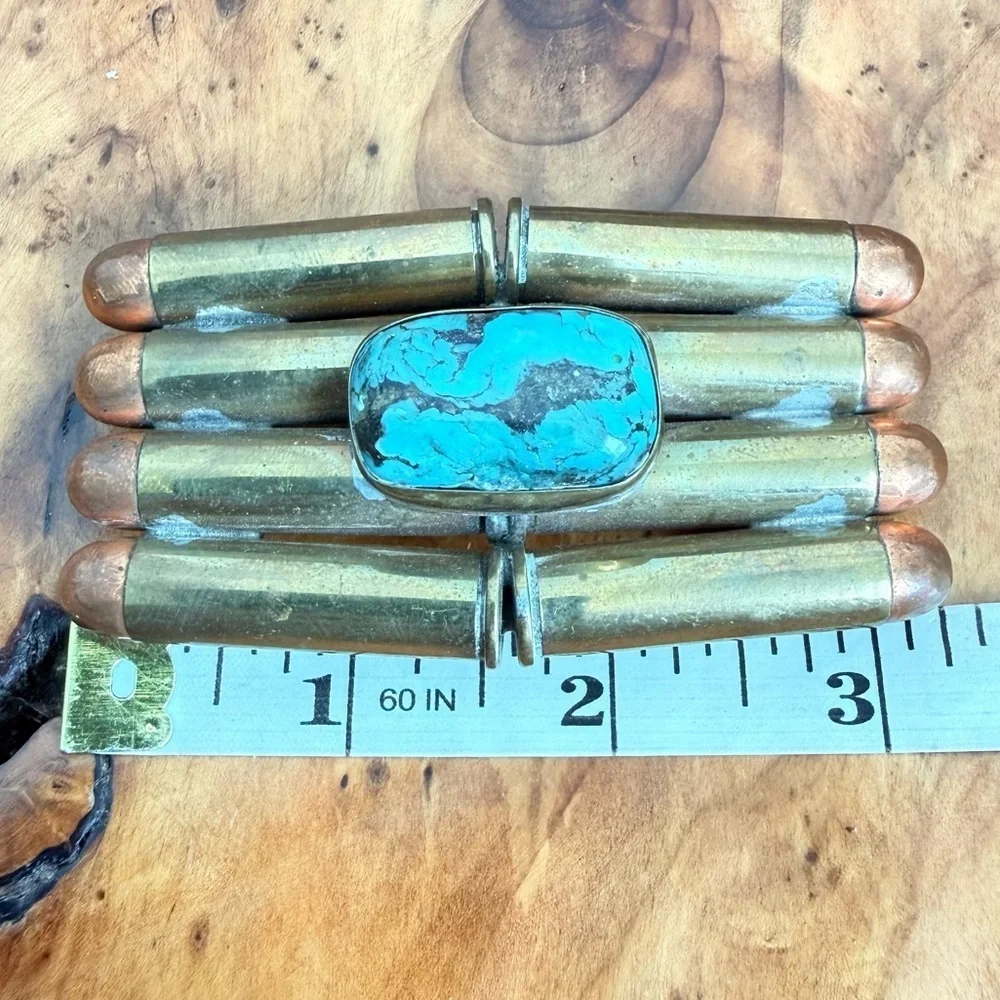 Western artisan crafted vintage belt buckle spent casings turquoise center stone